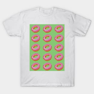 Watercolor donuts pattern - pink and green background T-Shirt